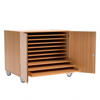 Papierschrank,  90 cm hoch, 111x81 cm (B/T), 10 Zügen, 2 Türen, fahrbar, 